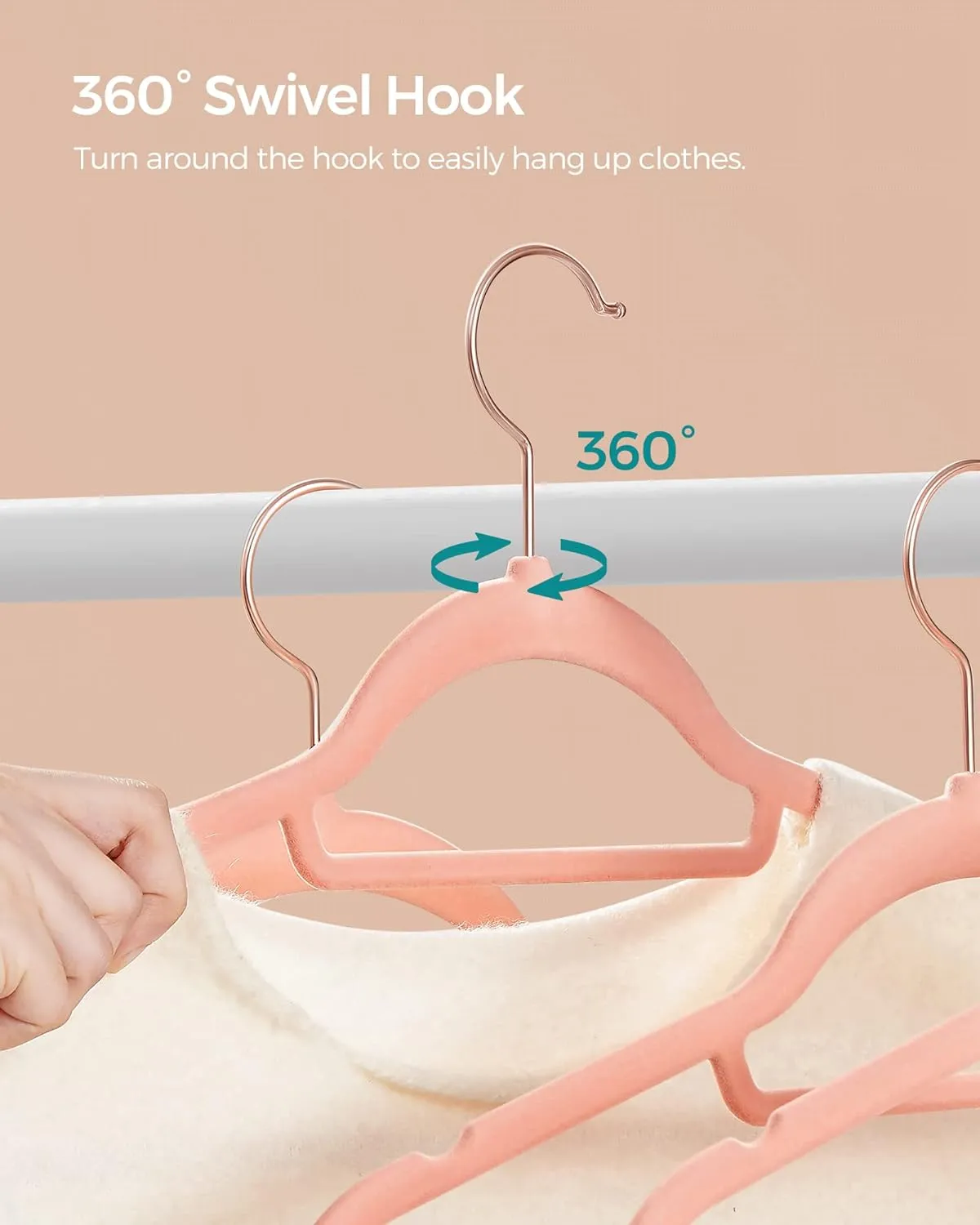 SONGMICS Velvet Hangers, Set of 50 Clothes Hanger with Rose Gold Swivel Hook, Non-Slip, and Space-Saving, 0.2-Inch Thick, 17.1-Inch Long for Coat, Shirt, Dress, Pants, Tie, Coral Pink UCRF21PK50
