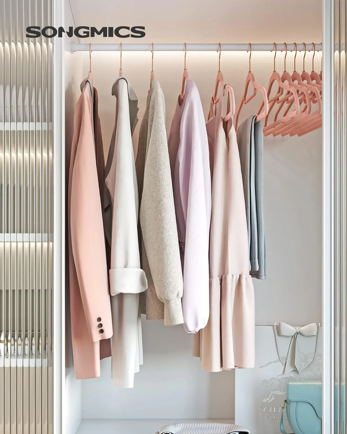 SONGMICS Velvet Hangers, Set of 50 Clothes Hanger with Rose Gold Swivel Hook, Non-Slip, and Space-Saving, 0.2-Inch Thick, 17.1-Inch Long for Coat, Shirt, Dress, Pants, Tie, Coral Pink UCRF21PK50