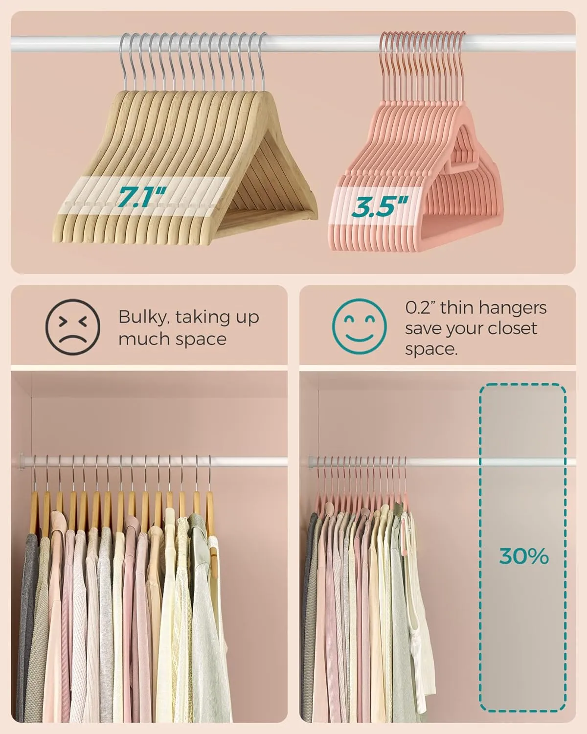SONGMICS Velvet Hangers, Set of 50 Clothes Hanger with Rose Gold Swivel Hook, Non-Slip, and Space-Saving, 0.2-Inch Thick, 17.1-Inch Long for Coat, Shirt, Dress, Pants, Tie, Coral Pink UCRF21PK50