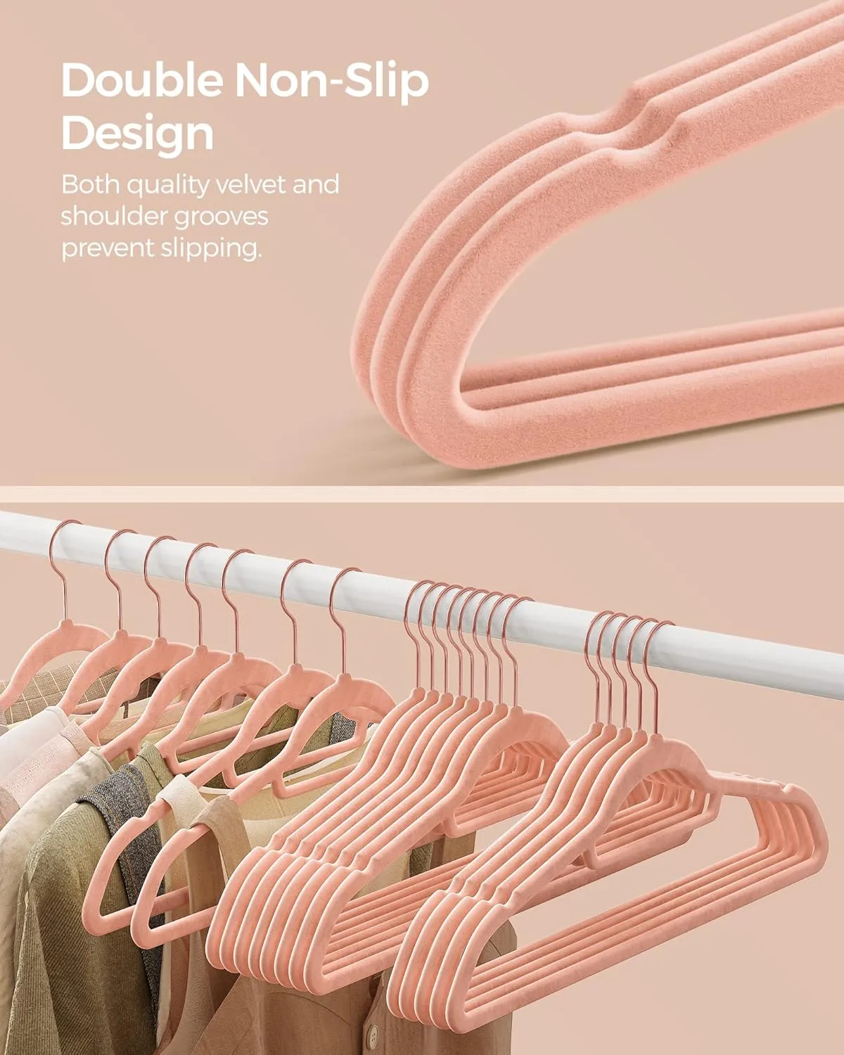 SONGMICS Velvet Hangers, Set of 50 Clothes Hanger with Rose Gold Swivel Hook, Non-Slip, and Space-Saving, 0.2-Inch Thick, 17.1-Inch Long for Coat, Shirt, Dress, Pants, Tie, Coral Pink UCRF21PK50