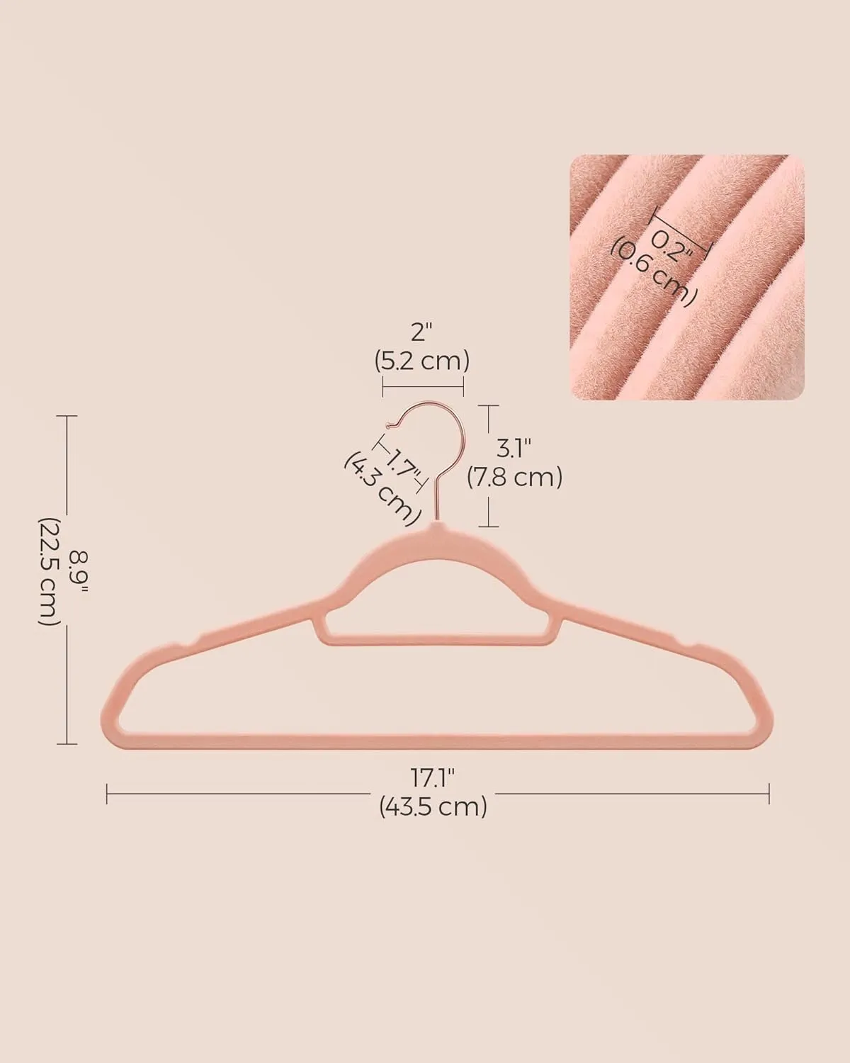 SONGMICS Velvet Hangers, Set of 60 Clothes Hanger with Rose Gold Swivel Hook, Non-Slip, and Space-Saving, 0.2-Inch Thick, 17.1-Inch Long for Coat, Shirt, Dress, Pants, Tie, Coral Pink UCRF0021R01