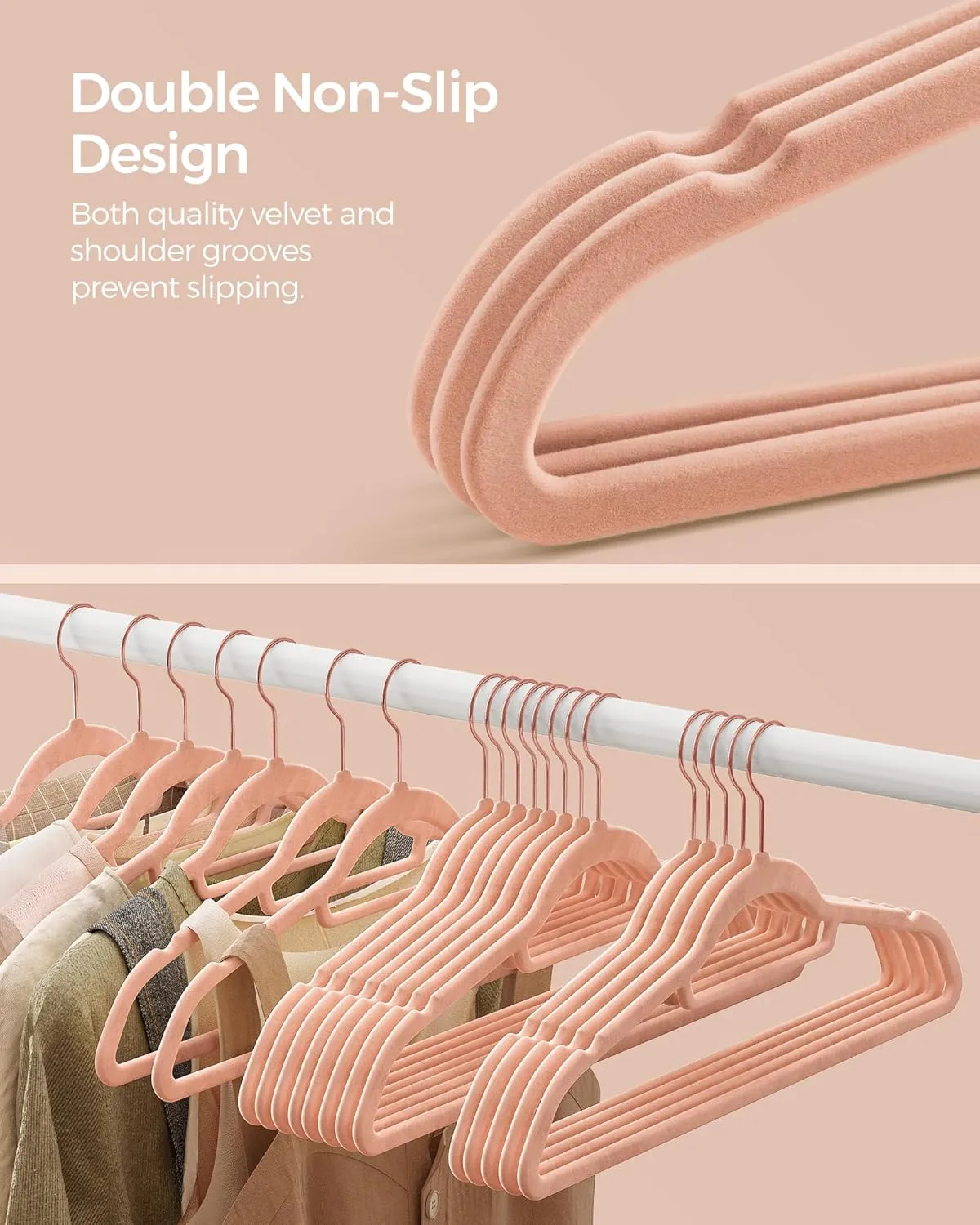 SONGMICS Velvet Hangers, Set of 60 Clothes Hanger with Rose Gold Swivel Hook, Non-Slip, and Space-Saving, 0.2-Inch Thick, 17.1-Inch Long for Coat, Shirt, Dress, Pants, Tie, Coral Pink UCRF0021R01