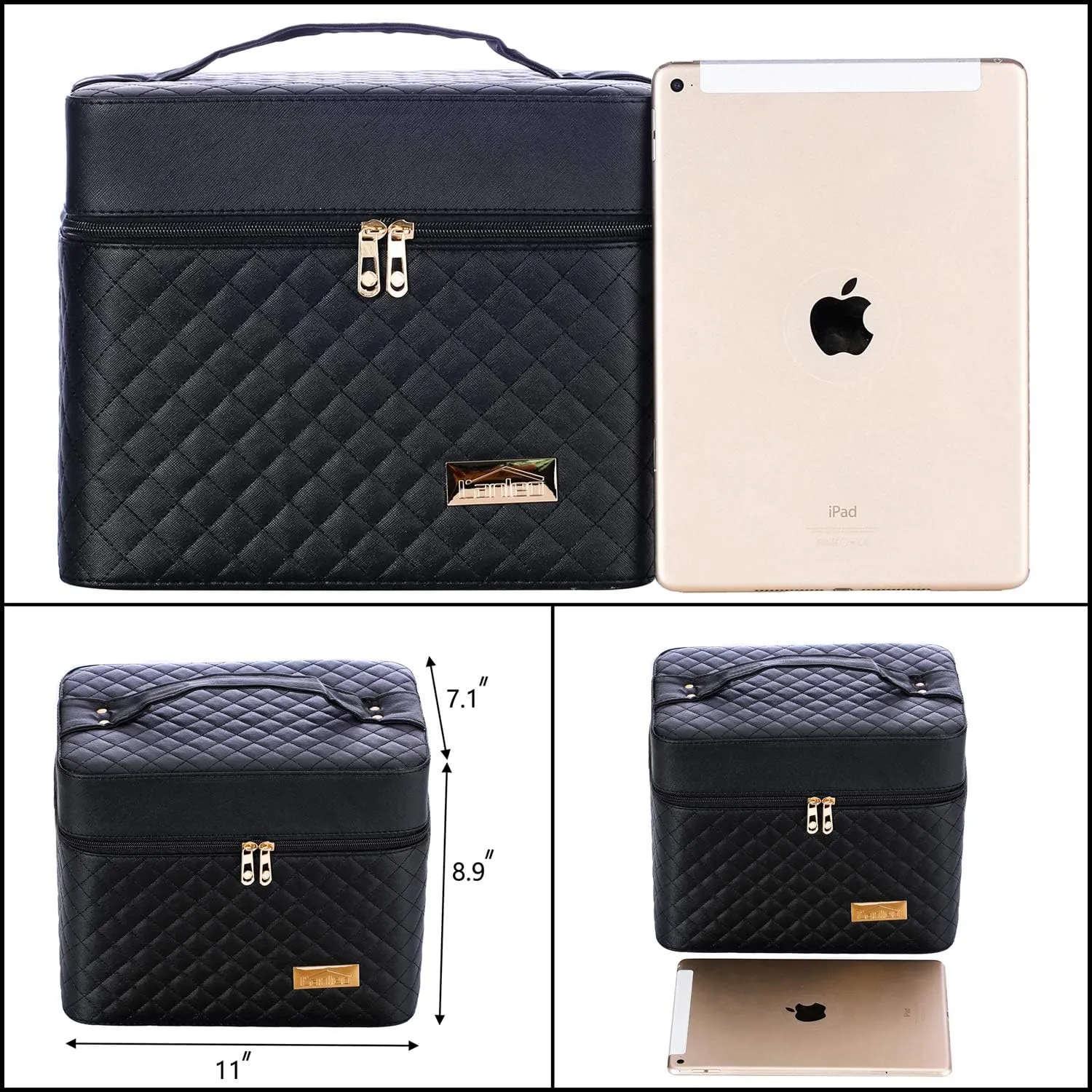Sooyee Makeup Bag Cosmetic Bags with Mirror, Makeup Organizer 4 Layer Foldable Tray Open to The Sides,Makeup Travel Bag for Women,Makeup Box Train Case,Black