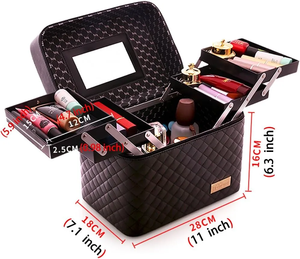 Sooyee Makeup Bag Cosmetic Bags with Mirror, Makeup Organizer 4 Layer Foldable Tray Open to The Sides,Makeup Travel Bag for Women,Makeup Box Train Case,Black