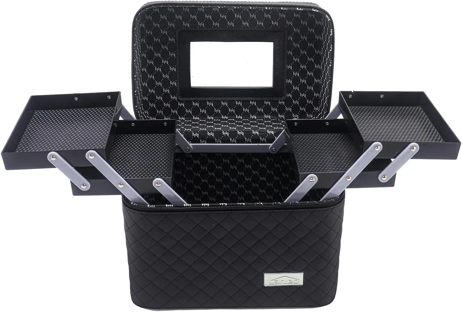 Sooyee Makeup Bag Cosmetic Bags with Mirror, Makeup Organizer 4 Layer Foldable Tray Open to The Sides,Makeup Travel Bag for Women,Makeup Box Train Case,Black