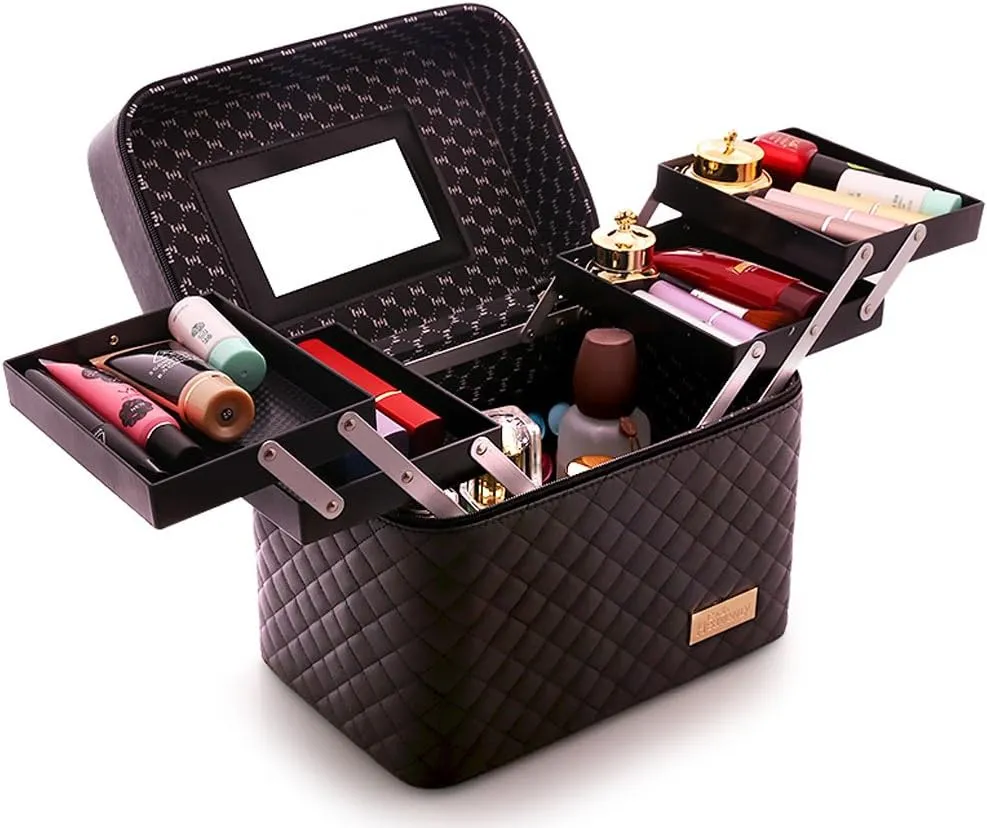 Sooyee Makeup Bag Cosmetic Bags with Mirror, Makeup Organizer 4 Layer Foldable Tray Open to The Sides,Makeup Travel Bag for Women,Makeup Box Train Case,Black