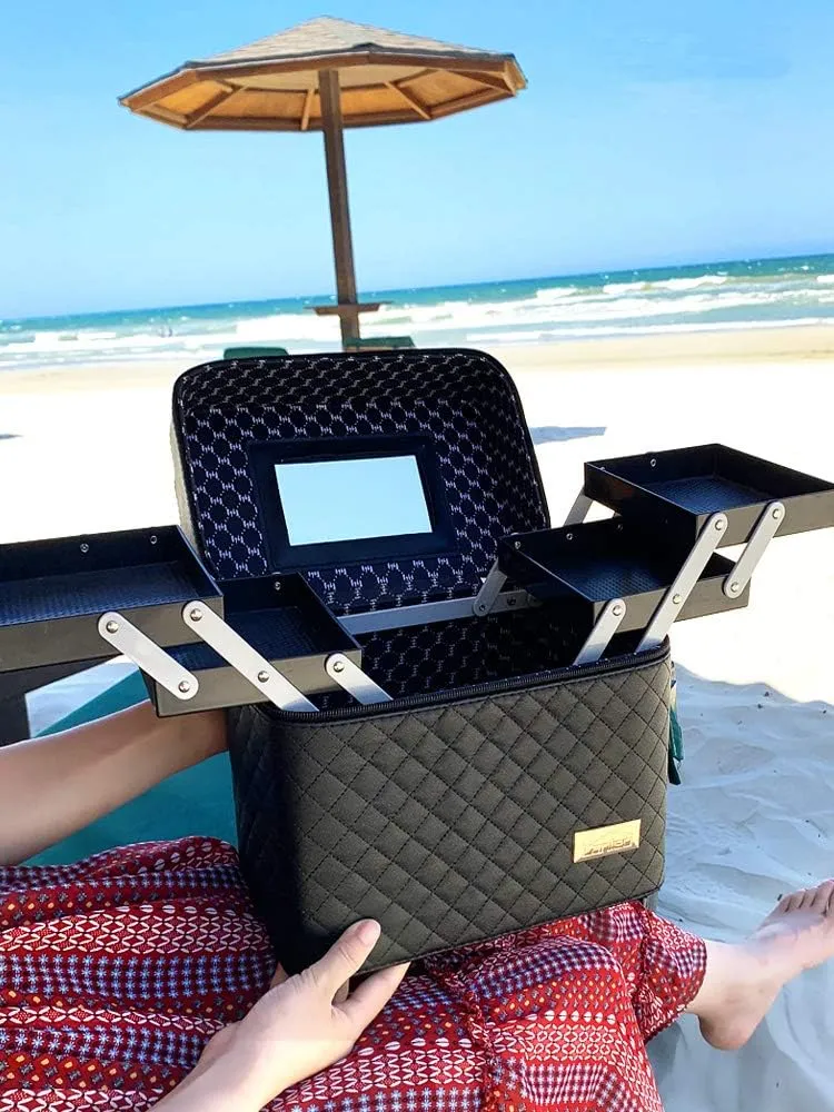 Sooyee Makeup Bag Cosmetic Bags with Mirror, Makeup Organizer 4 Layer Foldable Tray Open to The Sides,Makeup Travel Bag for Women,Makeup Box Train Case,Black