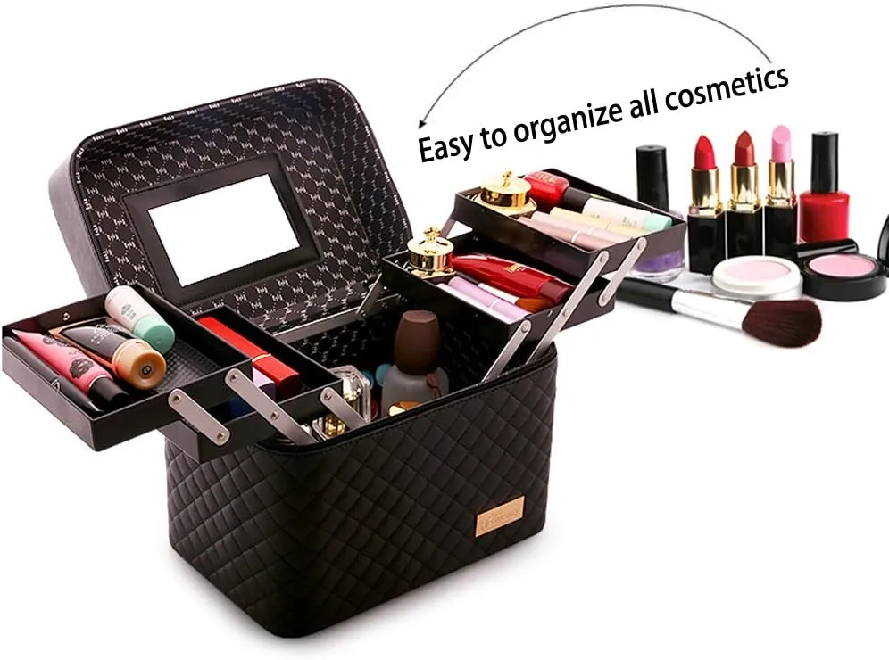 Sooyee Makeup Bag Cosmetic Bags with Mirror, Makeup Organizer 4 Layer Foldable Tray Open to The Sides,Makeup Travel Bag for Women,Makeup Box Train Case,Black
