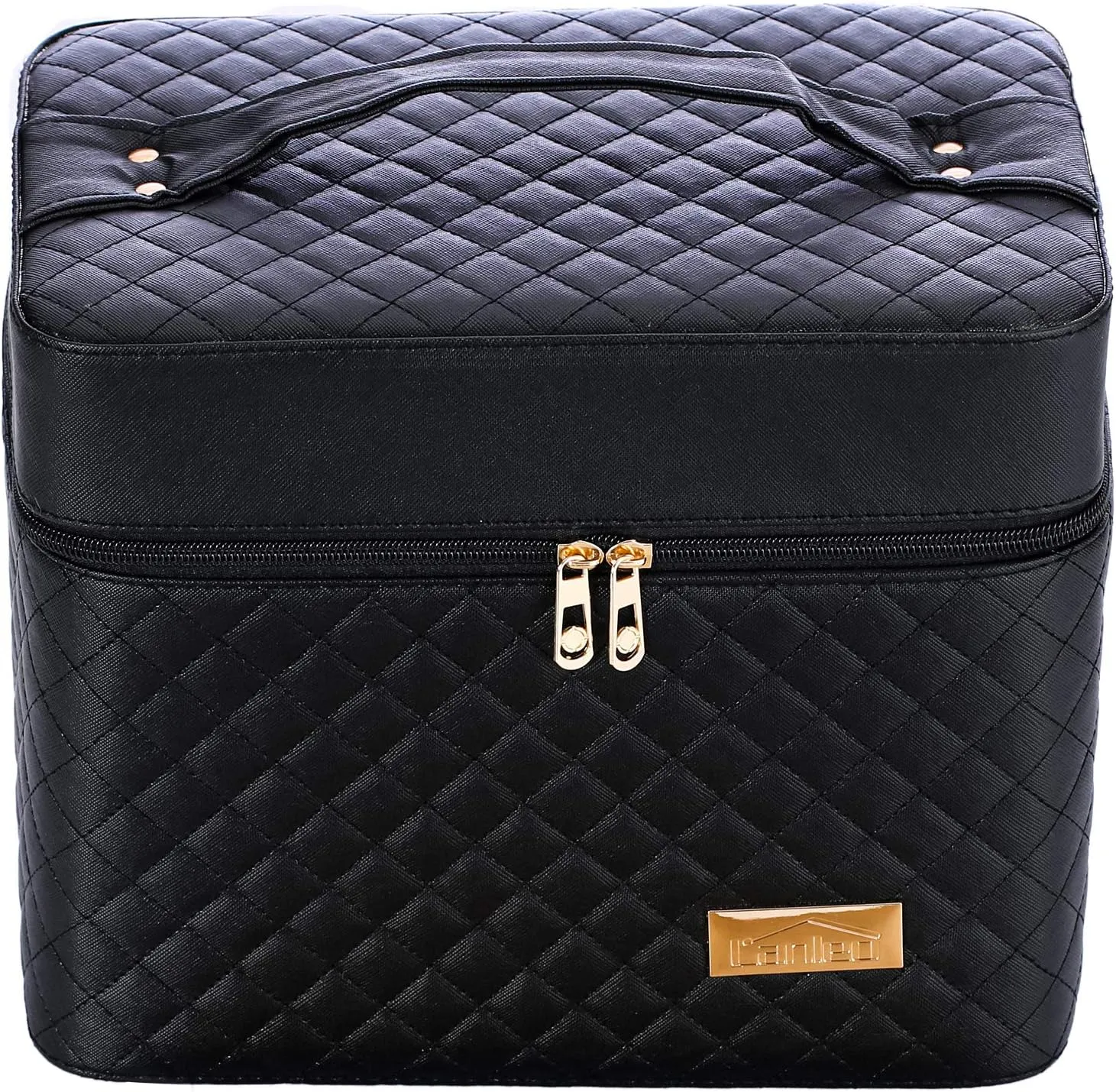 Sooyee Makeup Bag Cosmetic Bags with Mirror, Makeup Organizer 4 Layer Foldable Tray Open to The Sides,Makeup Travel Bag for Women,Makeup Box Train Case,Black