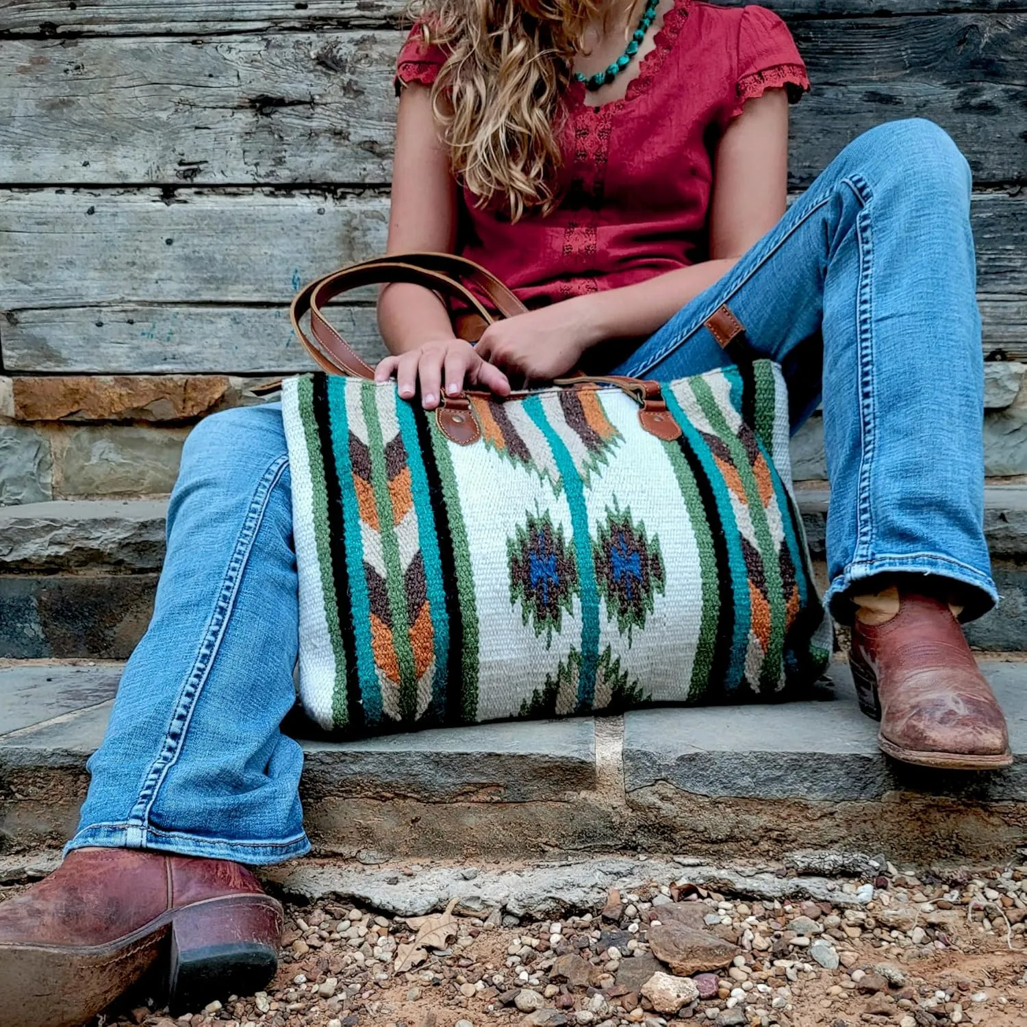Southwestern Large Handwoven Wool Boho Tote Bag Tote Purse (Aspen)
