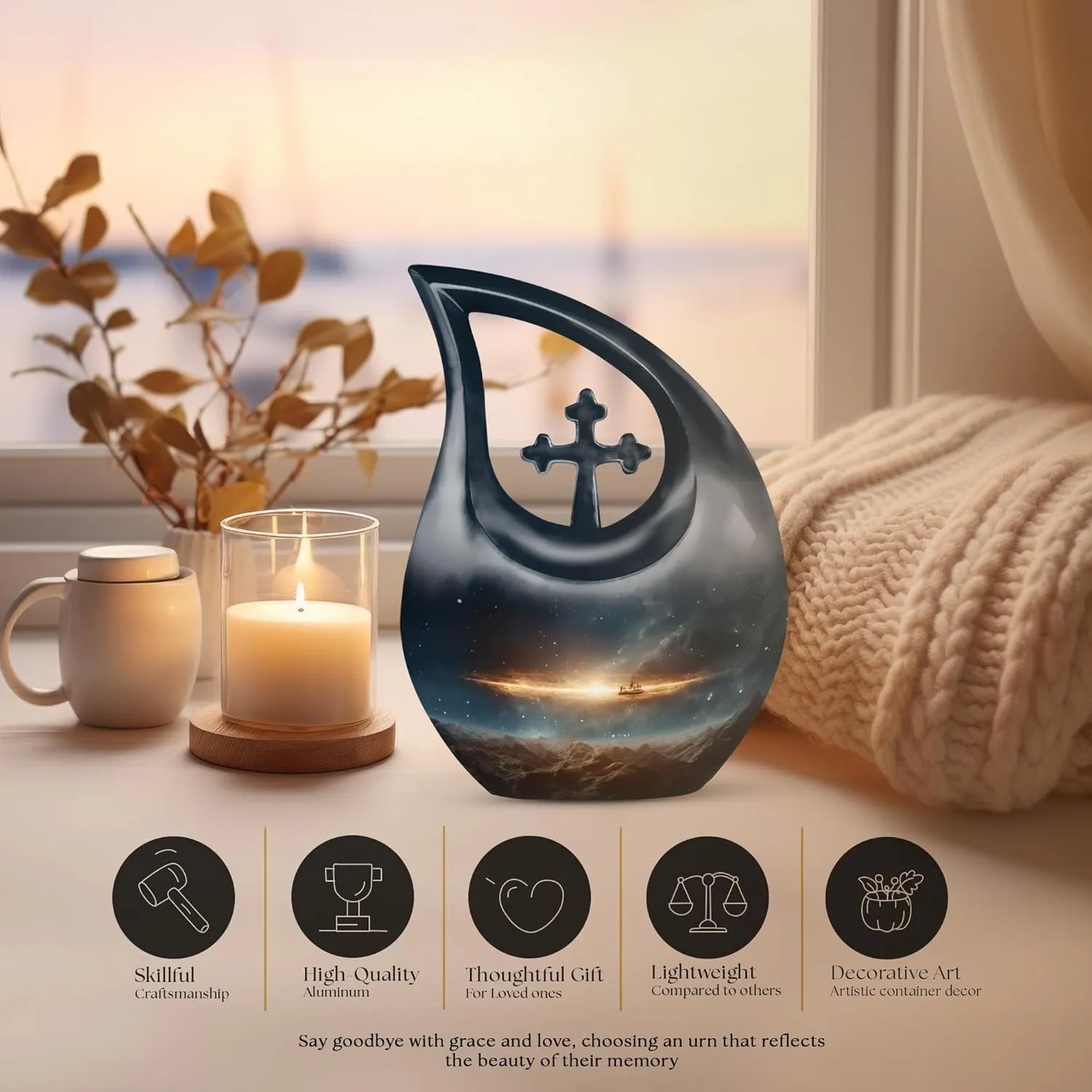 Spaceship Galaxy Adult Urns for Human Ashes Women and Men 10 Inch - Deep Blue Large Cremation Urns for Funeral, Burial and Memorial - Cross Drop Urn for Daughter and Son with Velvet Bag