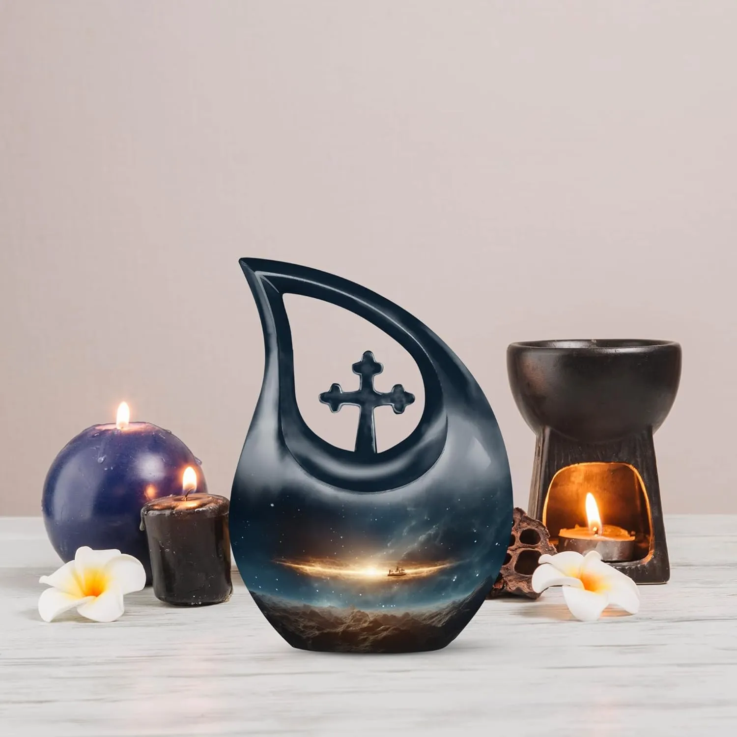 Spaceship Galaxy Adult Urns for Human Ashes Women and Men 10 Inch - Deep Blue Large Cremation Urns for Funeral, Burial and Memorial - Cross Drop Urn for Daughter and Son with Velvet Bag