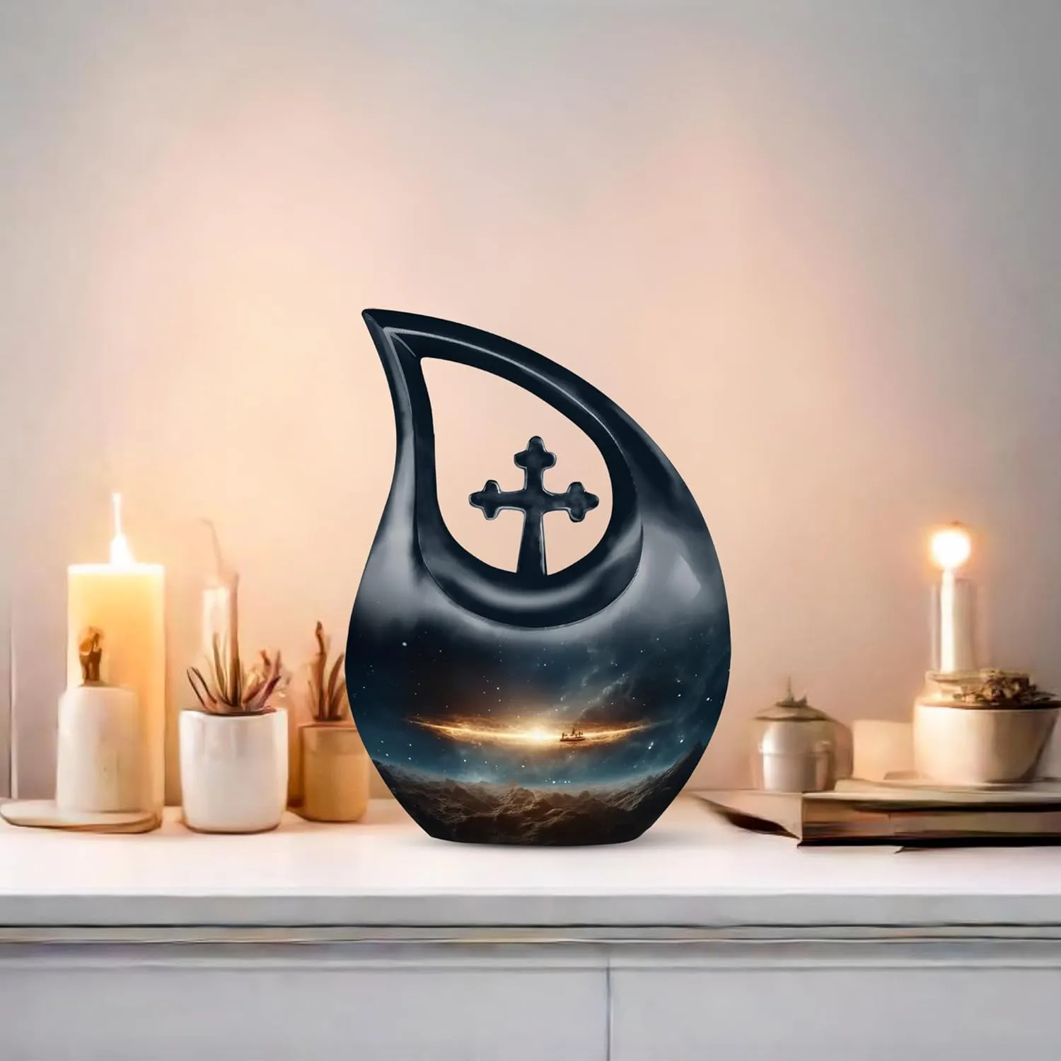 Spaceship Galaxy Adult Urns for Human Ashes Women and Men 10 Inch - Deep Blue Large Cremation Urns for Funeral, Burial and Memorial - Cross Drop Urn for Daughter and Son with Velvet Bag