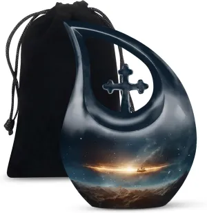 Spaceship Galaxy Adult Urns for Human Ashes Women and Men 10 Inch - Deep Blue Large Cremation Urns for Funeral, Burial and Memorial - Cross Drop Urn for Daughter and Son with Velvet Bag