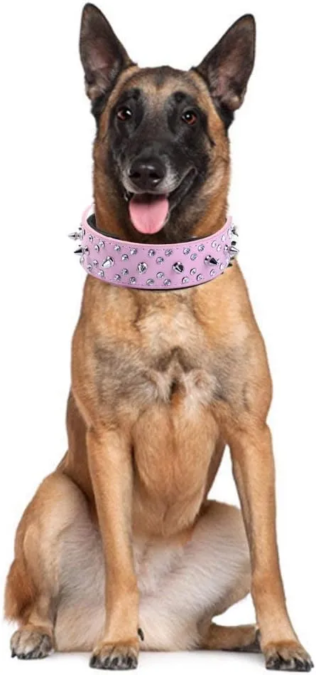 Spiked Studded Dog Collar Stylish Leather Dog Collar, with Bullet Rivets and Rhinestones, Soft and Adjustable for Medium and Large Dogs (L, White)