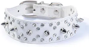 Spiked Studded Dog Collar Stylish Leather Dog Collar, with Bullet Rivets and Rhinestones, Soft and Adjustable for Medium and Large Dogs (L, White)