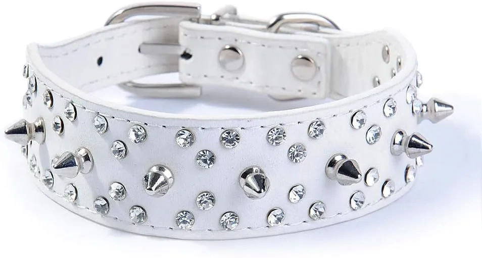 Spiked Studded Dog Collar Stylish Leather Dog Collar, with Bullet Rivets and Rhinestones, Soft and Adjustable for Medium and Large Dogs (L, White)