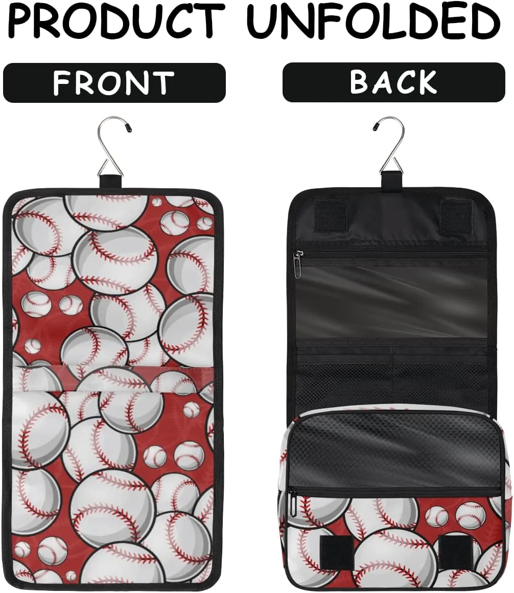 Sport Baseball Toiletry Bag for Women Men with Hanging Hook Baseball Pattern Travel Cosmetic Bag Makeup Case Shaving Bag Organizer Pouch Bathroom Shower Toiletries Accessories