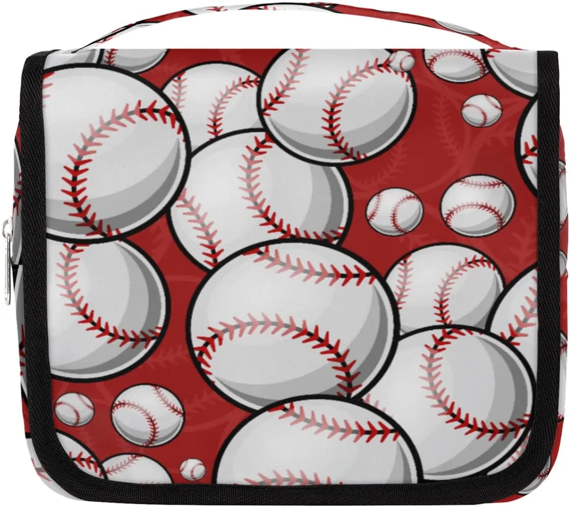 Sport Baseball Toiletry Bag for Women Men with Hanging Hook Baseball Pattern Travel Cosmetic Bag Makeup Case Shaving Bag Organizer Pouch Bathroom Shower Toiletries Accessories