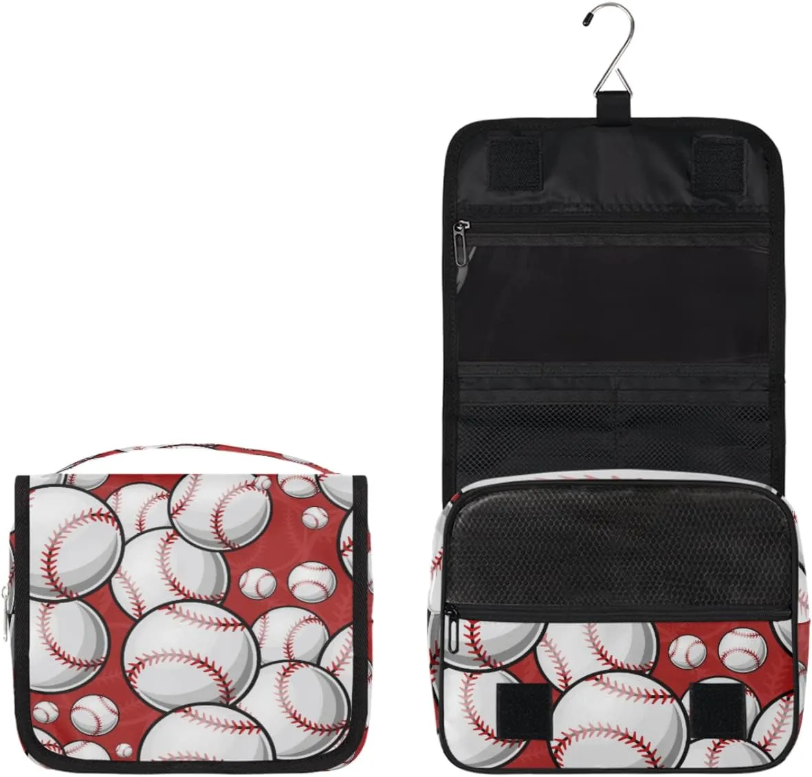 Sport Baseball Toiletry Bag for Women Men with Hanging Hook Baseball Pattern Travel Cosmetic Bag Makeup Case Shaving Bag Organizer Pouch Bathroom Shower Toiletries Accessories