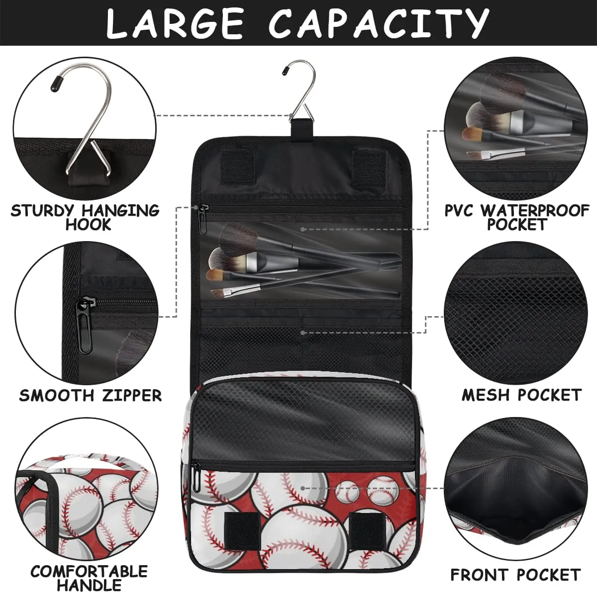 Sport Baseball Toiletry Bag for Women Men with Hanging Hook Baseball Pattern Travel Cosmetic Bag Makeup Case Shaving Bag Organizer Pouch Bathroom Shower Toiletries Accessories