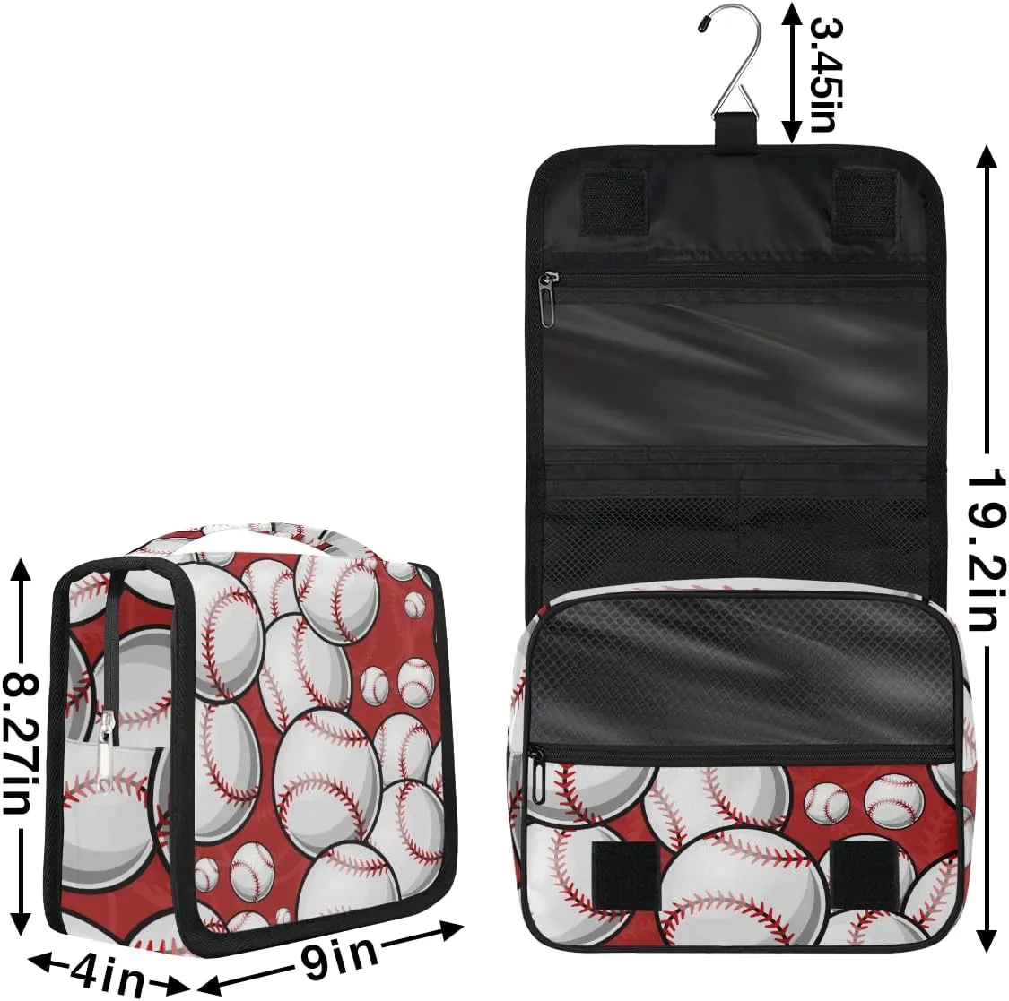 Sport Baseball Toiletry Bag for Women Men with Hanging Hook Baseball Pattern Travel Cosmetic Bag Makeup Case Shaving Bag Organizer Pouch Bathroom Shower Toiletries Accessories