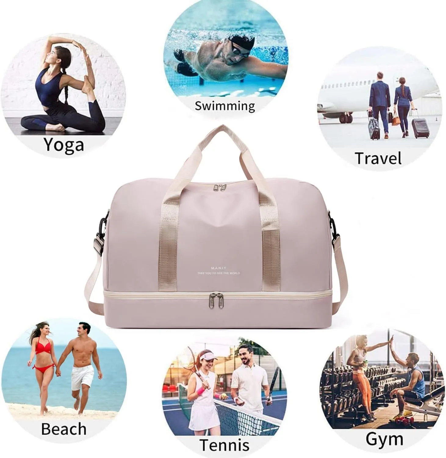 Sports Travel Duffel Bag for Women,Light Gym Bag with Shoe Compartment,Large Capacity Weekender Overnight with Wet Pocket for Lady Travel, Gym, Yoga （Beige）