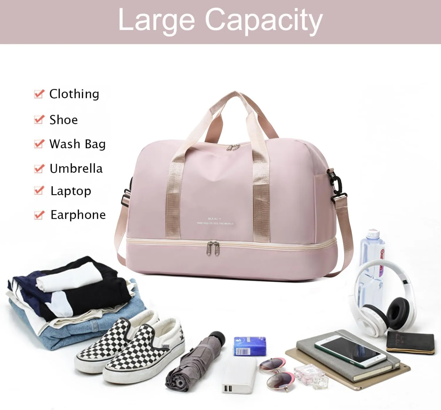 Sports Travel Duffel Bag for Women,Light Gym Bag with Shoe Compartment,Large Capacity Weekender Overnight with Wet Pocket for Lady Travel, Gym, Yoga （Beige）