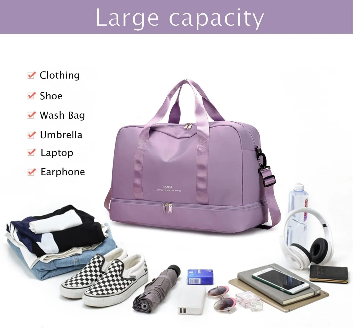 Sports Travel Duffel Bag for Women,Light Gym Bag with Shoe Compartment,Large Capacity Weekender Overnight with Wet Pocket for Lady Travel, Gym, Yoga （Purple）
