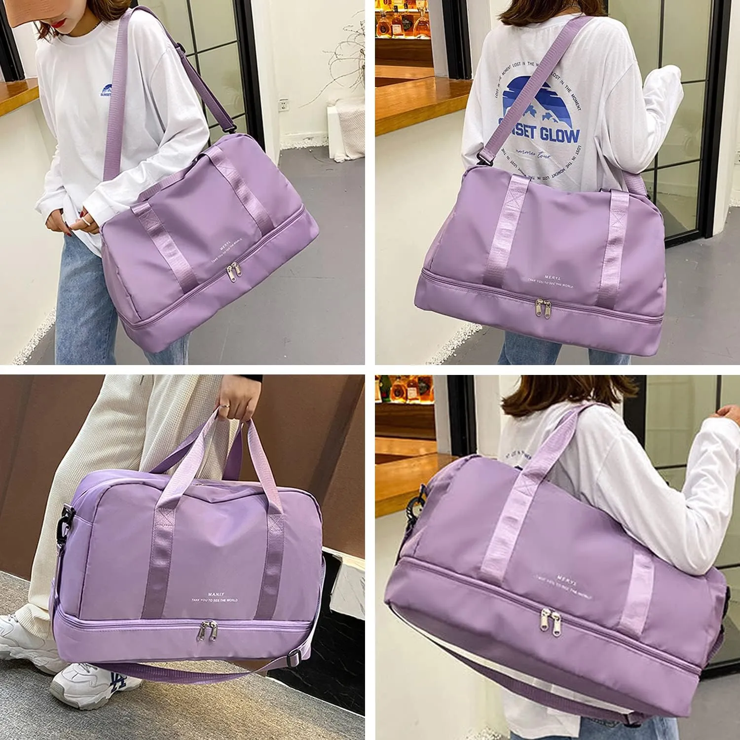 Sports Travel Duffel Bag for Women,Light Gym Bag with Shoe Compartment,Large Capacity Weekender Overnight with Wet Pocket for Lady Travel, Gym, Yoga （Purple）