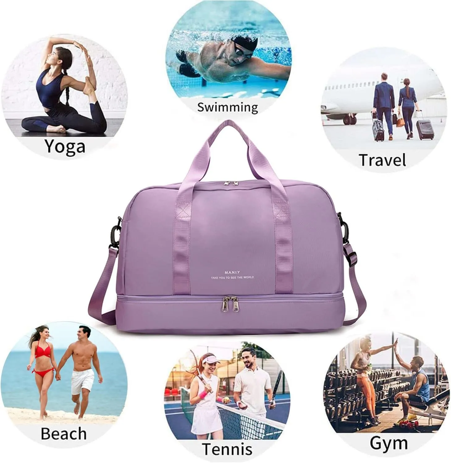 Sports Travel Duffel Bag for Women,Light Gym Bag with Shoe Compartment,Large Capacity Weekender Overnight with Wet Pocket for Lady Travel, Gym, Yoga （Purple）