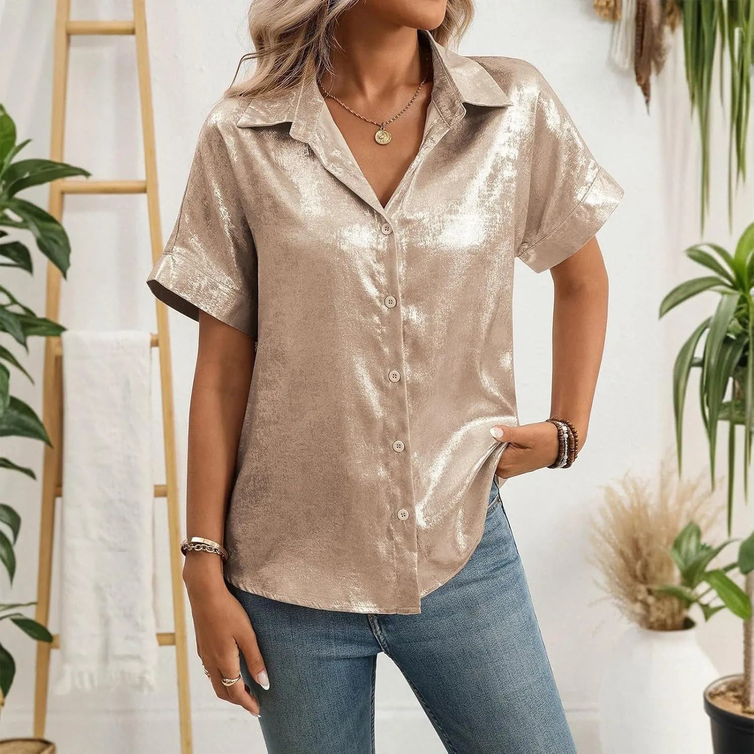 Spring Break Essentials for Women Summer Casual Loose Elegant Short Sleeve Lapel Solid Color Satin T Shirt Tops