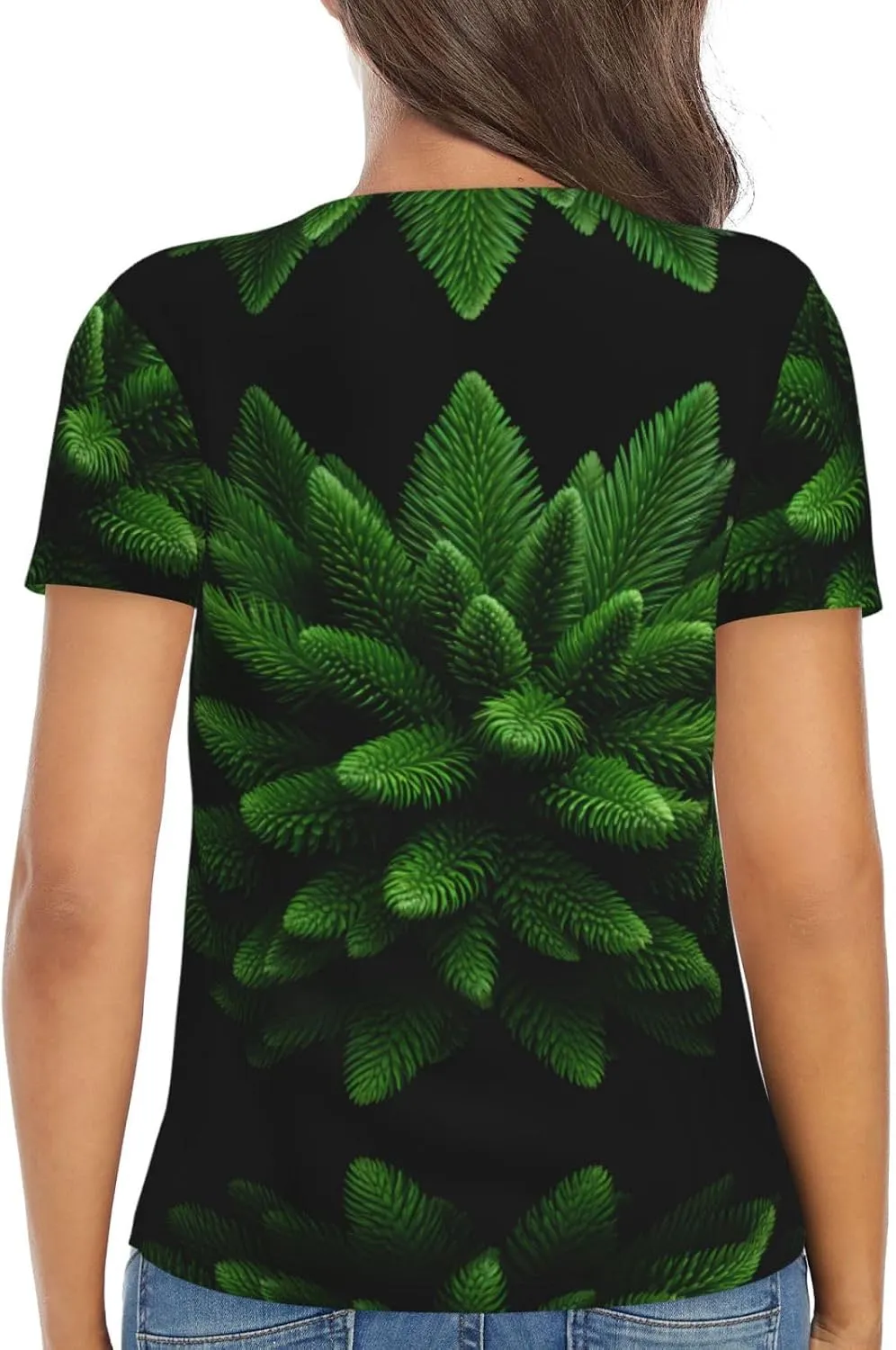 Spruce-Foliage Tree Pattern Sexy V-Neck Printed Short T-Shirt, Travel Portable Fitness Clothes, Home and Outdoor wear