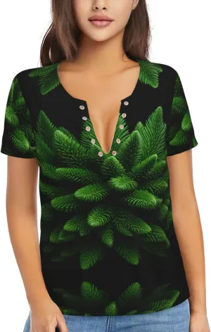 Spruce-Foliage Tree Pattern Sexy V-Neck Printed Short T-Shirt, Travel Portable Fitness Clothes, Home and Outdoor wear