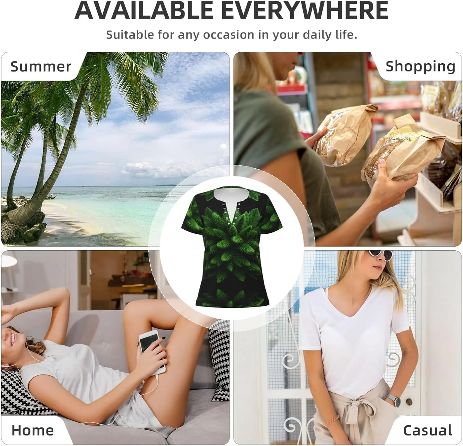 Spruce-Foliage Tree Pattern Sexy V-Neck Printed Short T-Shirt, Travel Portable Fitness Clothes, Home and Outdoor wear