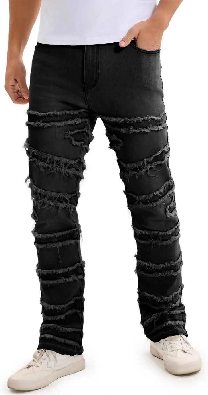 Stacked Jeans Men Slim Fit Stretch Flared Jeans for Men Casual and Stylish Denim Tear Pants