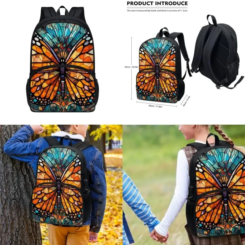 Stained Glass Butterfly 17in School Backpack Set 3 Set Glass Monarch Butterfly Lightweight Bottle Holder Bookbags School Bag Pencil Case & Lunch Bag Travel Picnic