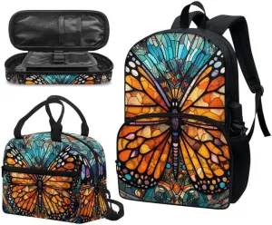 Stained Glass Butterfly 17in School Backpack Set 3 Set Glass Monarch Butterfly Lightweight Bottle Holder Bookbags School Bag Pencil Case & Lunch Bag Travel Picnic