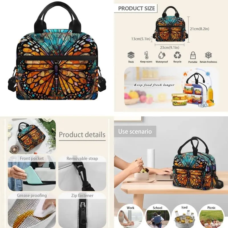 Stained Glass Butterfly 17in School Backpack Set 3 Set Glass Monarch Butterfly Lightweight Bottle Holder Bookbags School Bag Pencil Case & Lunch Bag Travel Picnic