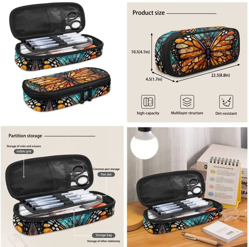Stained Glass Butterfly 17in School Backpack Set 3 Set Glass Monarch Butterfly Lightweight Bottle Holder Bookbags School Bag Pencil Case & Lunch Bag Travel Picnic