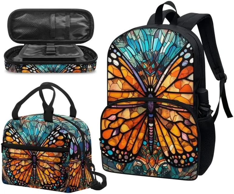 Stained Glass Butterfly 17in School Backpack Set 3 Set Glass Monarch Butterfly Lightweight Bottle Holder Bookbags School Bag Pencil Case & Lunch Bag Travel Picnic