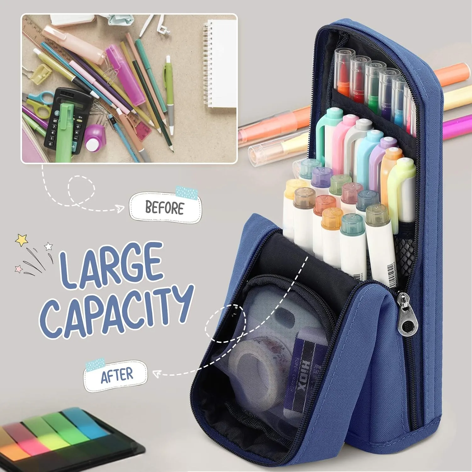 Standing Pencil Case Large Capacity Pen Bag, Multi-Layer Pen Pouch Pencil Holder Stationery Organizer, Polyester Pencil Bag Storage Box Desk Organizer
