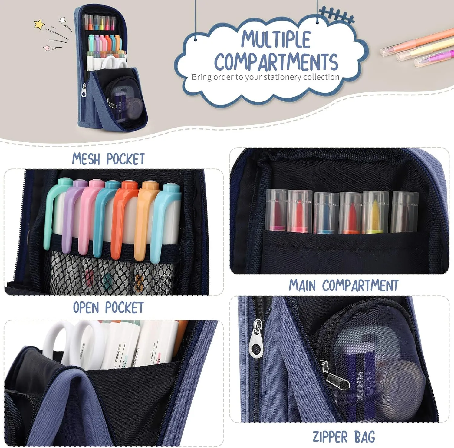 Standing Pencil Case Large Capacity Pen Bag, Multi-Layer Pen Pouch Pencil Holder Stationery Organizer, Polyester Pencil Bag Storage Box Desk Organizer