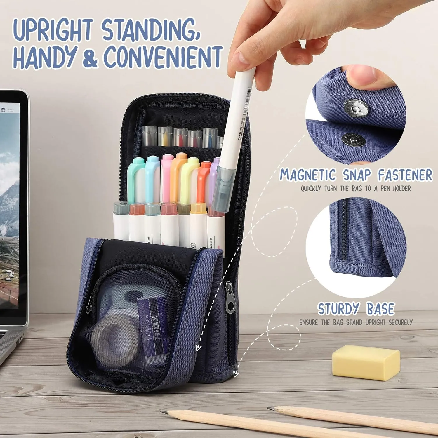 Standing Pencil Case Large Capacity Pen Bag, Multi-Layer Pen Pouch Pencil Holder Stationery Organizer, Polyester Pencil Bag Storage Box Desk Organizer