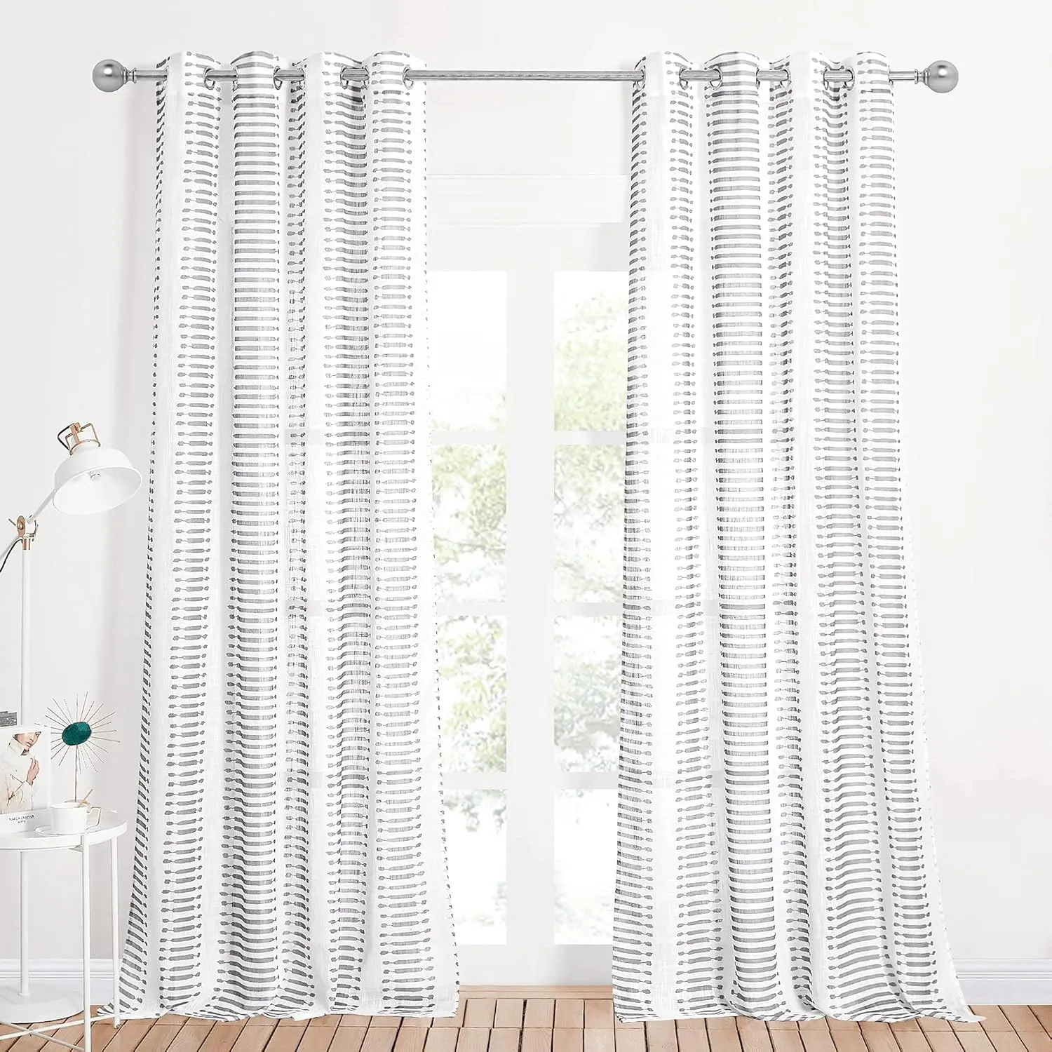 StangH Linen Sheer Curtains Farmhouse - Privacy Semi Sheer Curtains with Grey Printed Stripe Light Airy Vertical Sense Drapes for Patio/Sliding Glass Door, Grey, W50 x L95, 2 Panels