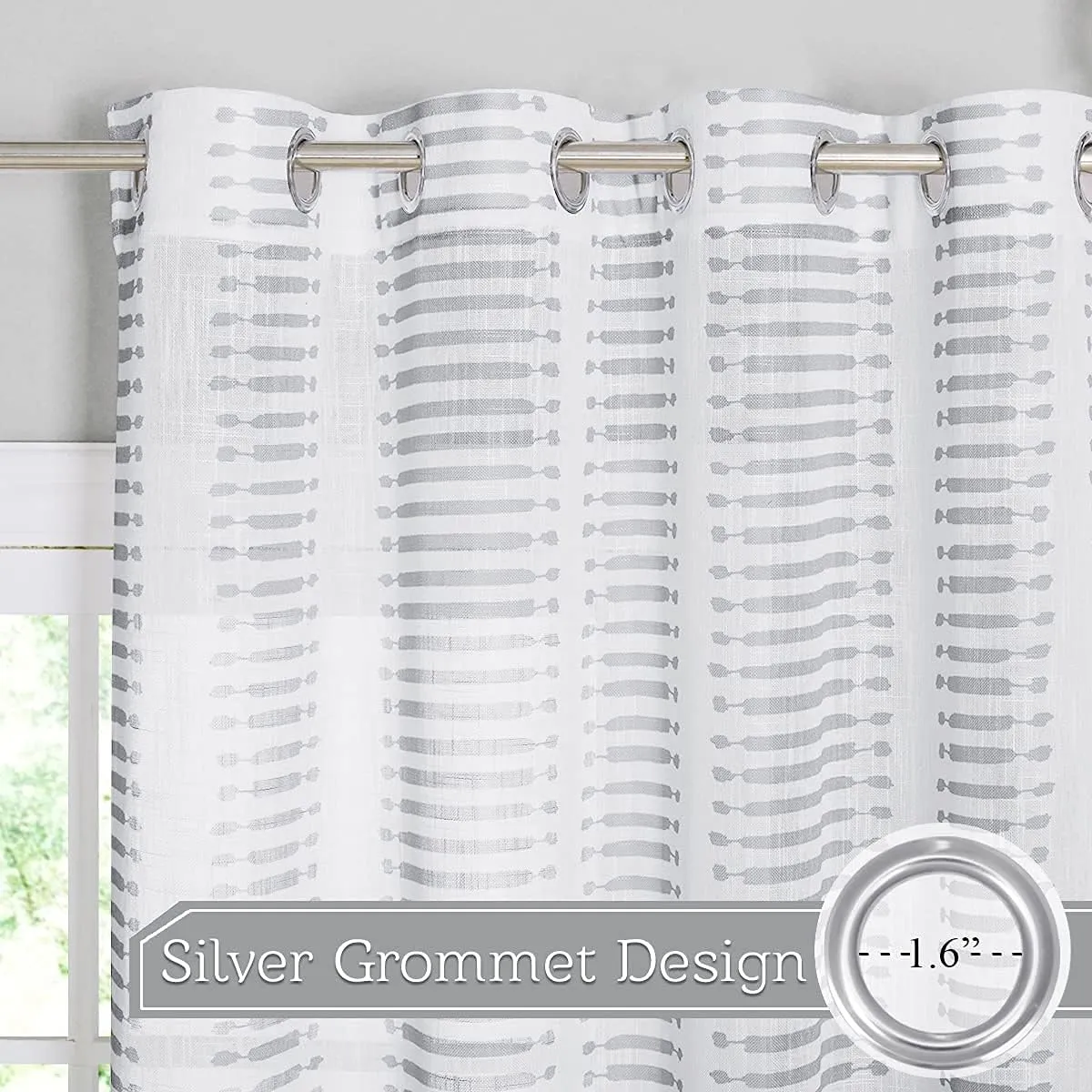 StangH Linen Sheer Curtains Farmhouse - Privacy Semi Sheer Curtains with Grey Printed Stripe Light Airy Vertical Sense Drapes for Patio/Sliding Glass Door, Grey, W50 x L95, 2 Panels