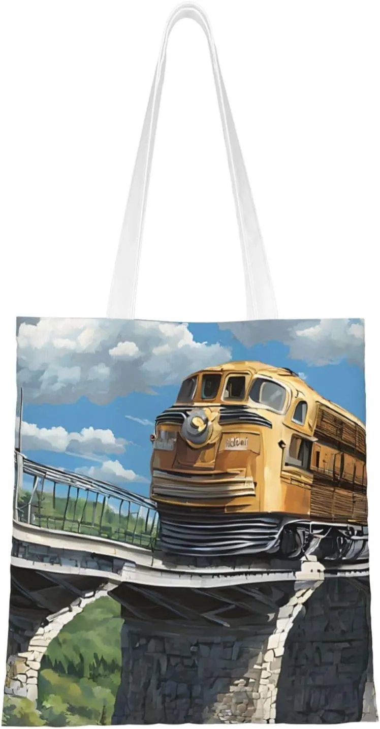 (Steam Train) Reusable Canvas Tote Bag For Women Lightweight Handbag Shopping Bag Stylish Shoulder Bag
