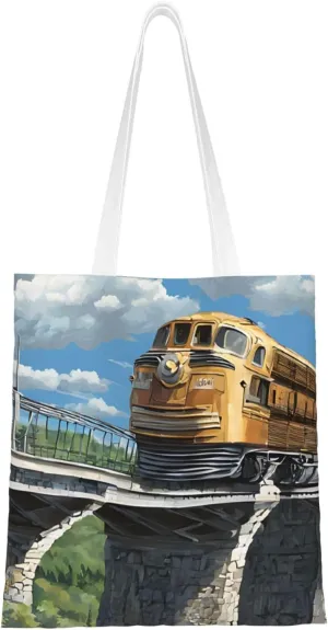 (Steam Train) Reusable Canvas Tote Bag For Women Lightweight Handbag Shopping Bag Stylish Shoulder Bag