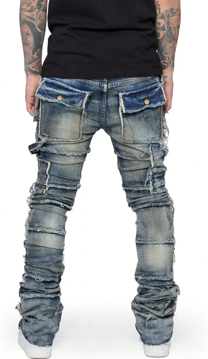 Stretch Stacked Jeans Mens Slim Fit Ripped Cargo Jeans Distressed Straight Leg Hip Hop Trousers with Pockets