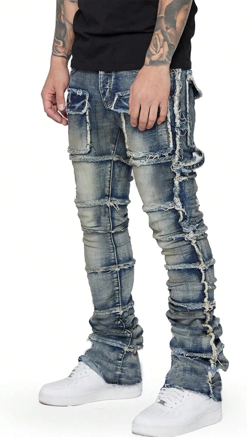 Stretch Stacked Jeans Mens Slim Fit Ripped Cargo Jeans Distressed Straight Leg Hip Hop Trousers with Pockets
